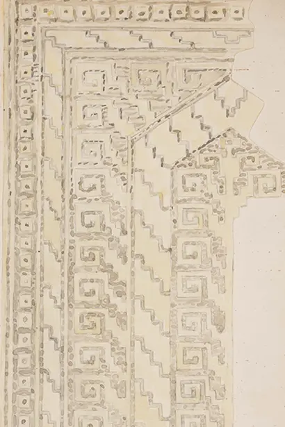 Märta Måås-Fjetterström’s watercolour sketch to rug Vita Spetsporten.